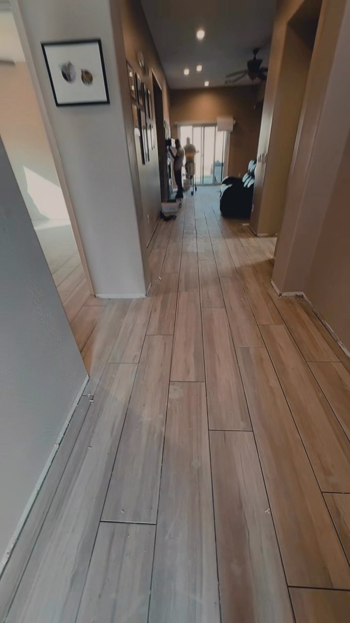 Wood-look tile installation in progress