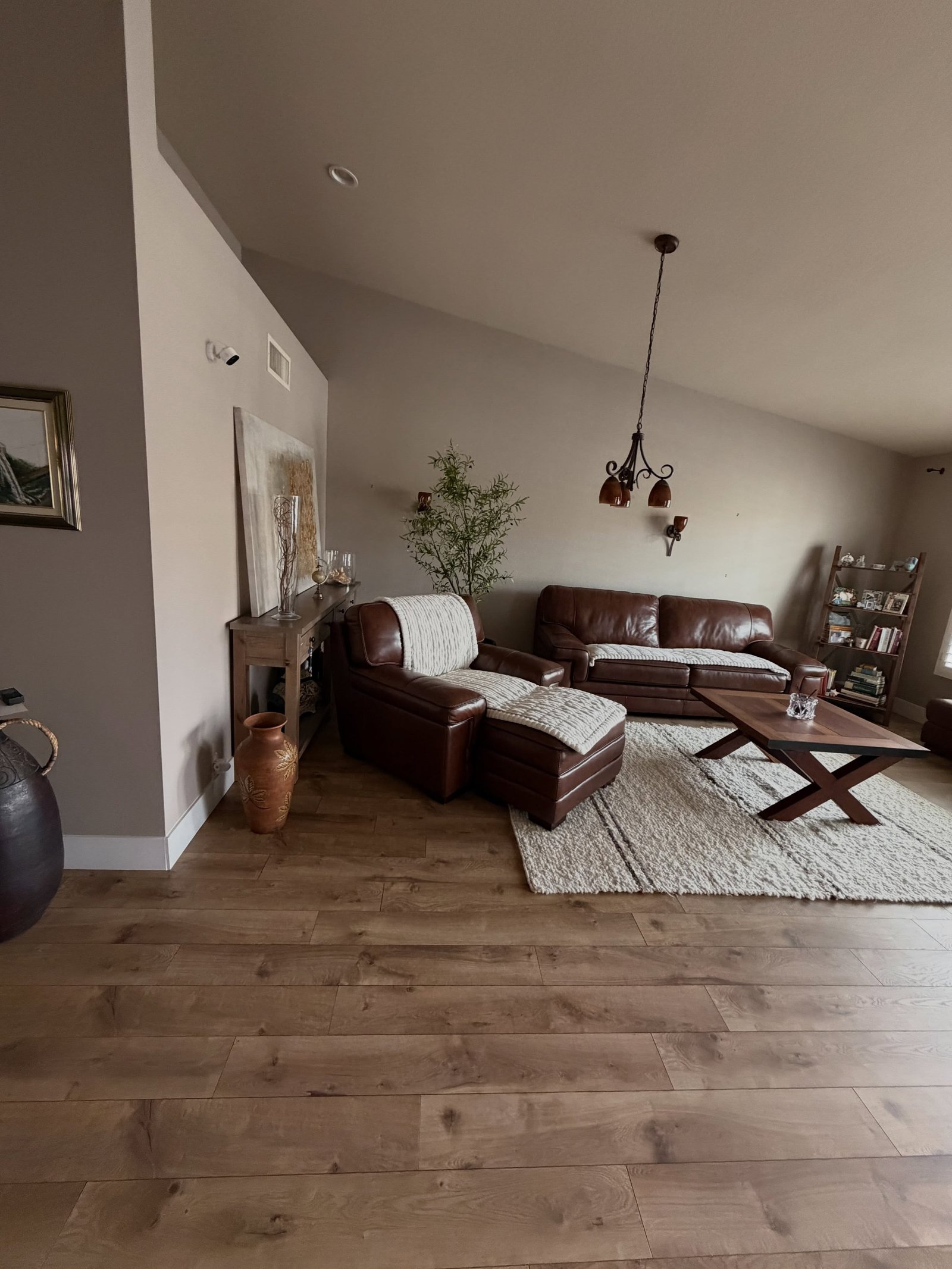 Living room with wide-plank wood-look flooring